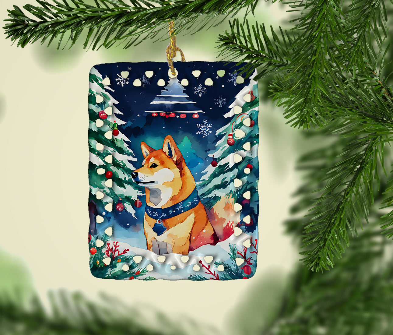 Shiba Inu Christmas Porcelain Ornament Christmas Tree Hanging Decorations for Home Christmas Holiday, Rectangle, Gift, Multicolor