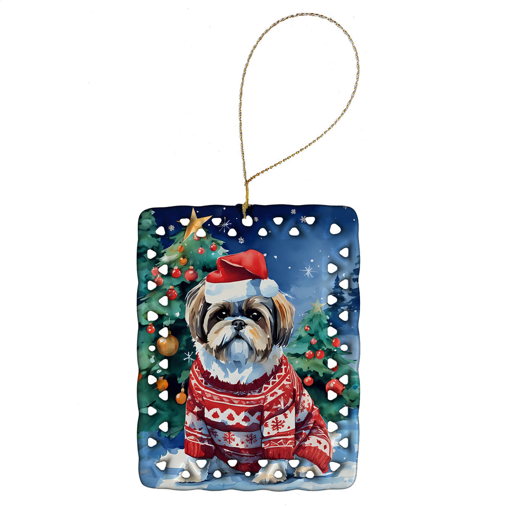 Shih Tzu Christmas Porcelain Ornament Christmas Tree Hanging Decorations for Home Christmas Holiday, Rectangle, Gift, Multicolor