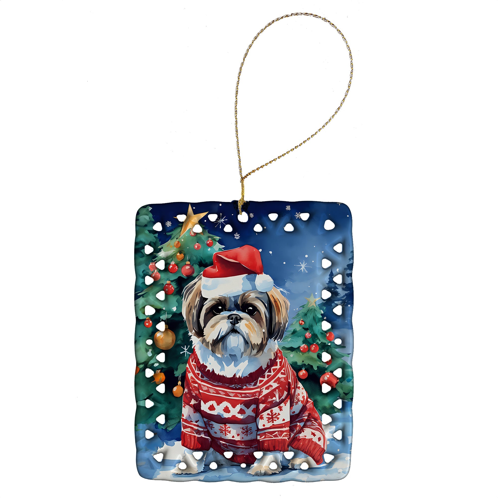 Shih Tzu Christmas Porcelain Ornament Christmas Tree Hanging Decorations for Home Christmas Holiday, Rectangle, Gift, Multicolor