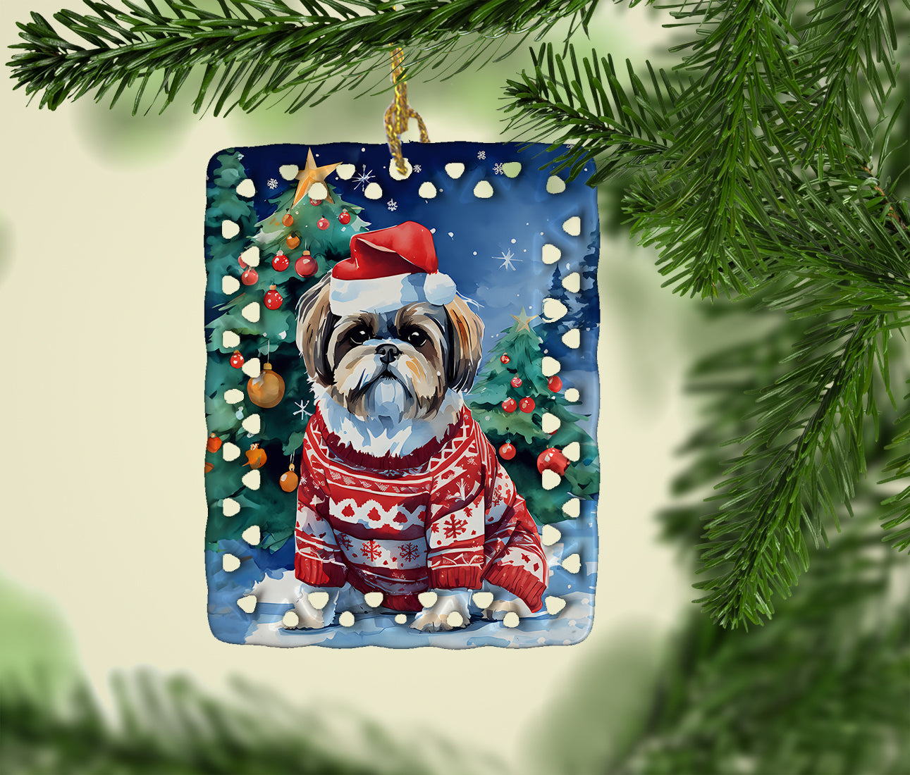 Shih Tzu Christmas Porcelain Ornament Christmas Tree Hanging Decorations for Home Christmas Holiday, Rectangle, Gift, Multicolor