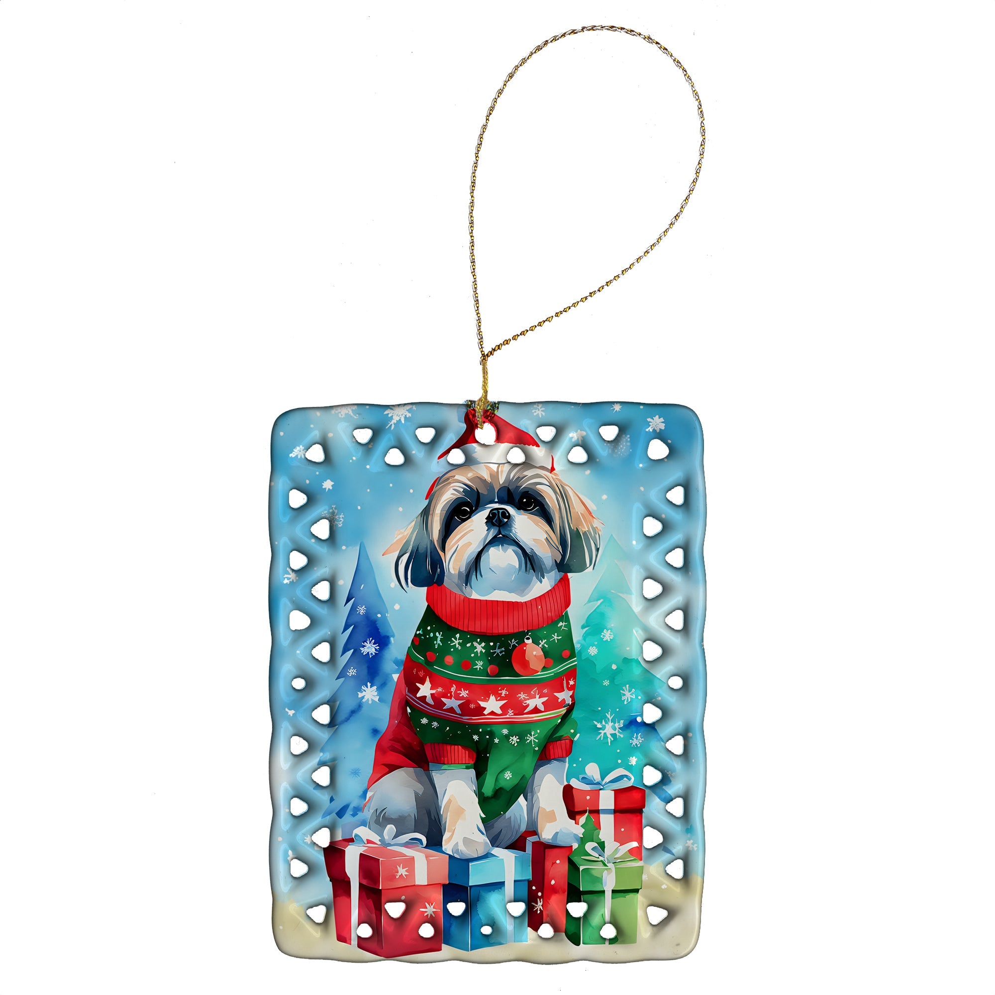 Shih Tzu Christmas Porcelain Ornament Christmas Tree Hanging Decorations for Home Christmas Holiday, Rectangle, Gift, Multicolor