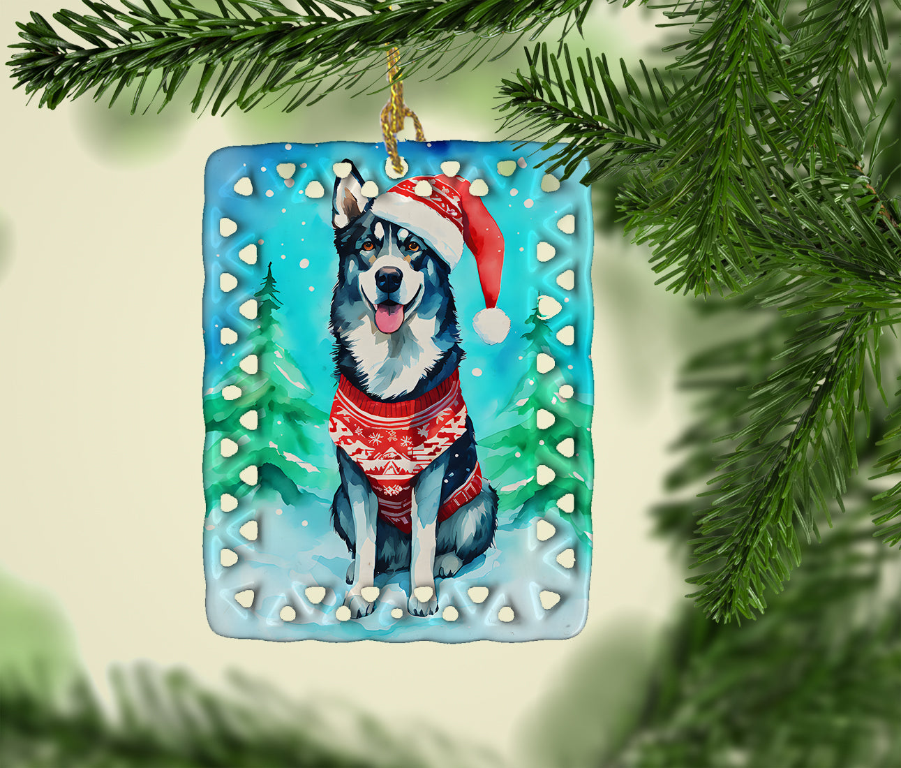 Siberian Husky Christmas Porcelain Ornament Christmas Tree Hanging Decorations for Home Christmas Holiday, Rectangle, Gift, Multicolor