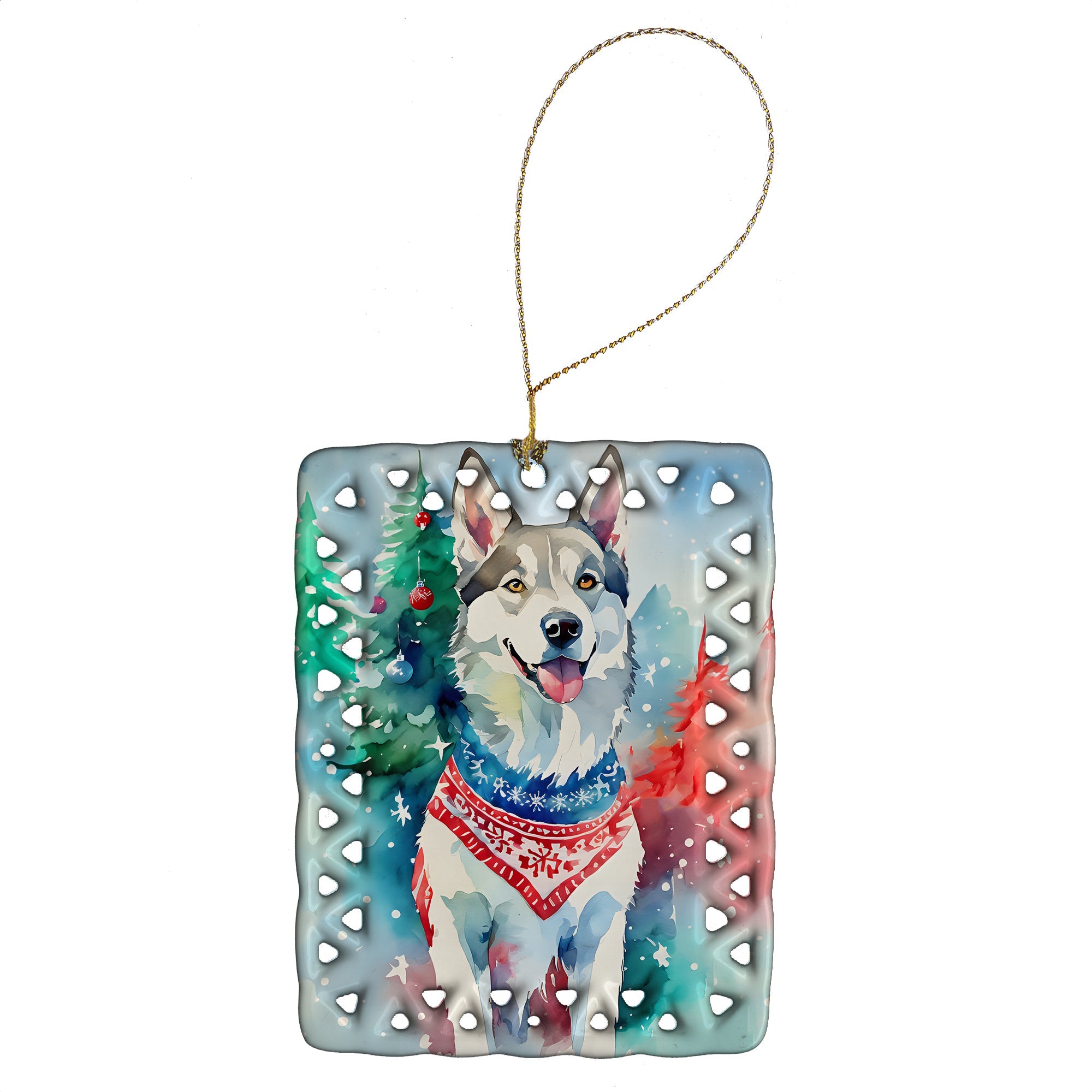 Siberian Husky Christmas Porcelain Ornament Christmas Tree Hanging Decorations for Home Christmas Holiday, Rectangle, Gift, Multicolor