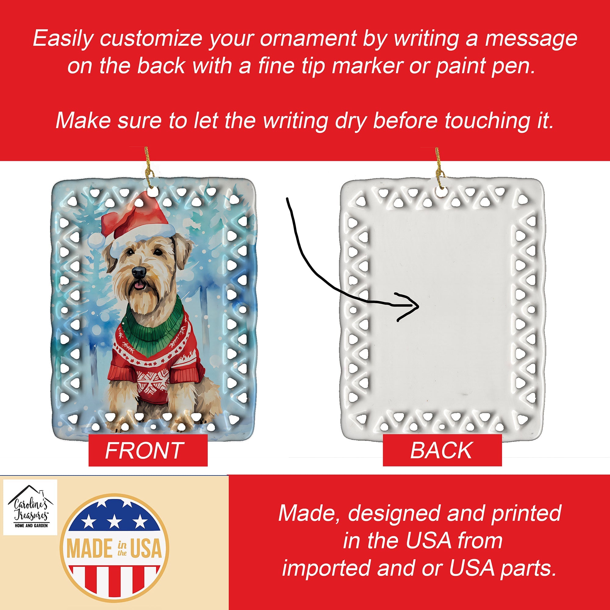Wheaten Terrier Christmas Porcelain Ornament Christmas Tree Hanging Decorations for Home Christmas Holiday, Rectangle, Gift, Multicolor