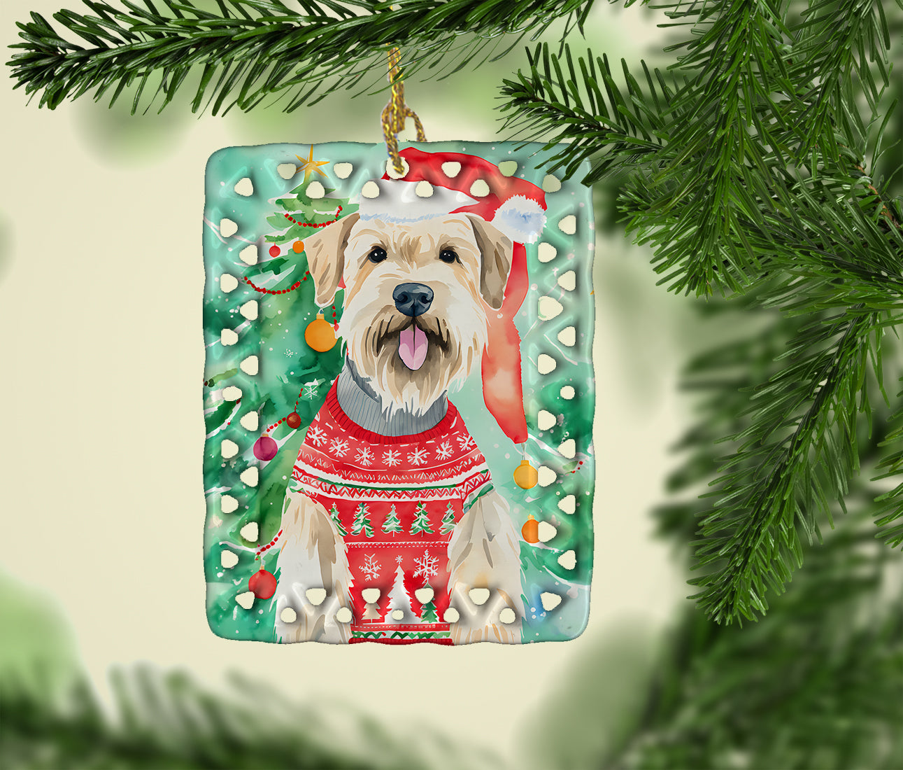Wheaten Terrier Christmas Porcelain Ornament Christmas Tree Hanging Decorations for Home Christmas Holiday, Rectangle, Gift, Multicolor