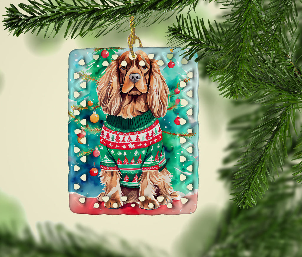 Sussex Spaniel Christmas Porcelain Ornament Christmas Tree Hanging Decorations for Home Christmas Holiday, Rectangle, Gift, Multicolor