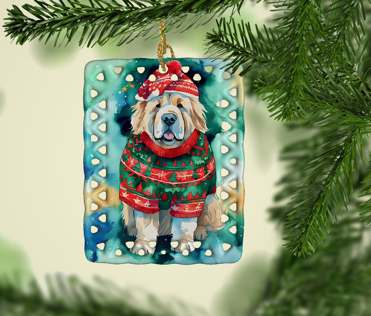 Tibetan Mastiff Christmas Porcelain Ornament Christmas Tree Hanging Decorations for Home Christmas Holiday, Rectangle, Gift, Multicolor