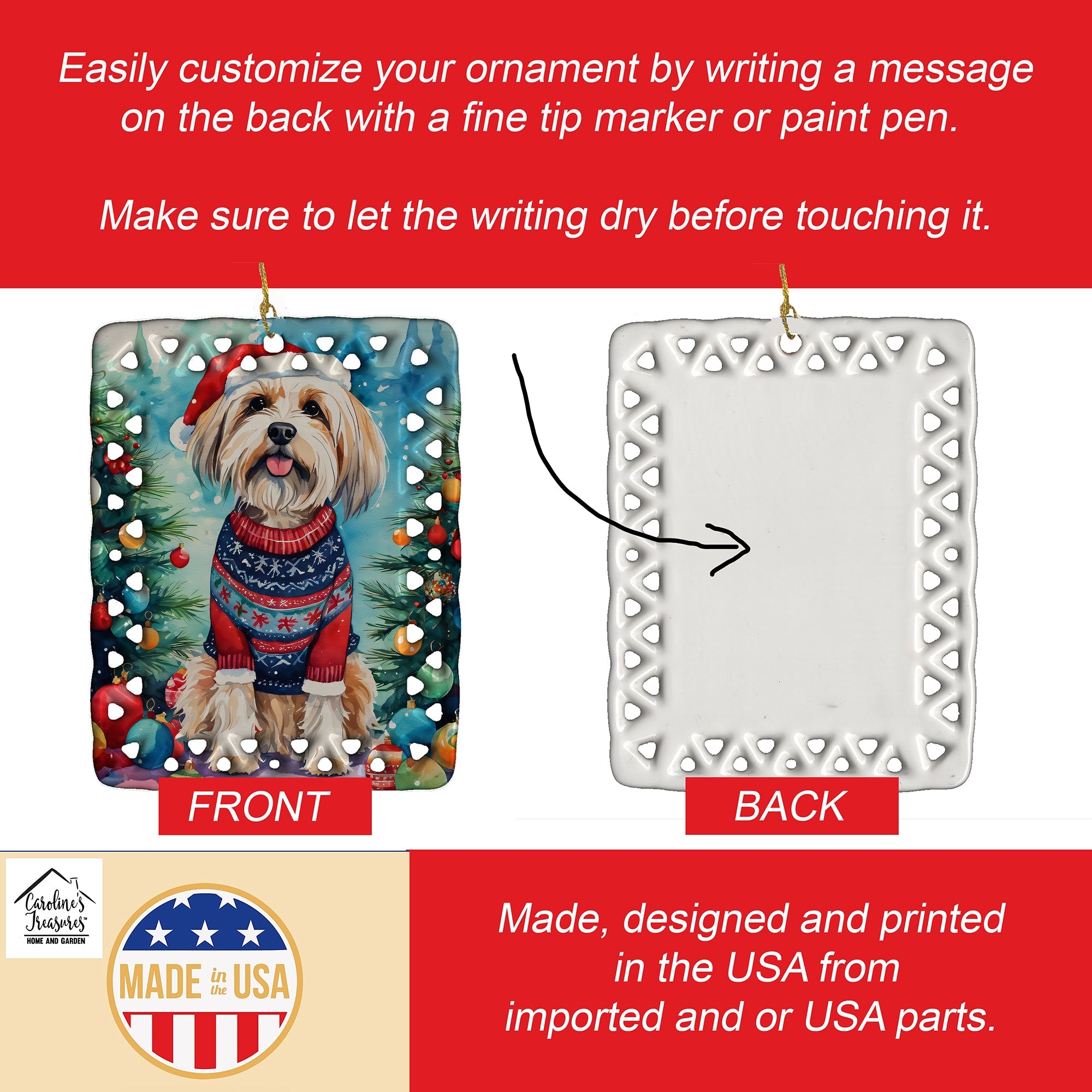 Tibetan Terrier Christmas Porcelain Ornament Christmas Tree Hanging Decorations for Home Christmas Holiday, Rectangle, Gift, Multicolor