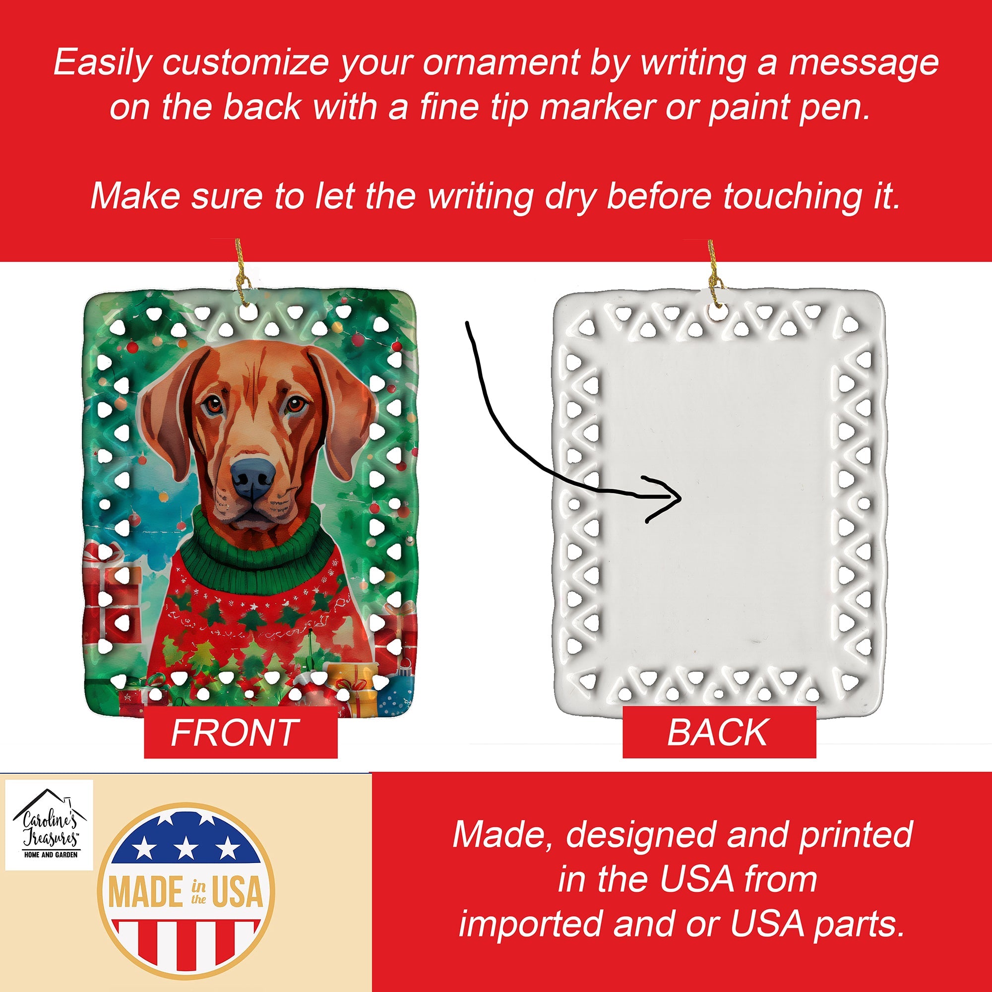 Vizsla Christmas Porcelain Ornament Christmas Tree Hanging Decorations for Home Christmas Holiday, Rectangle, Gift, Multicolor