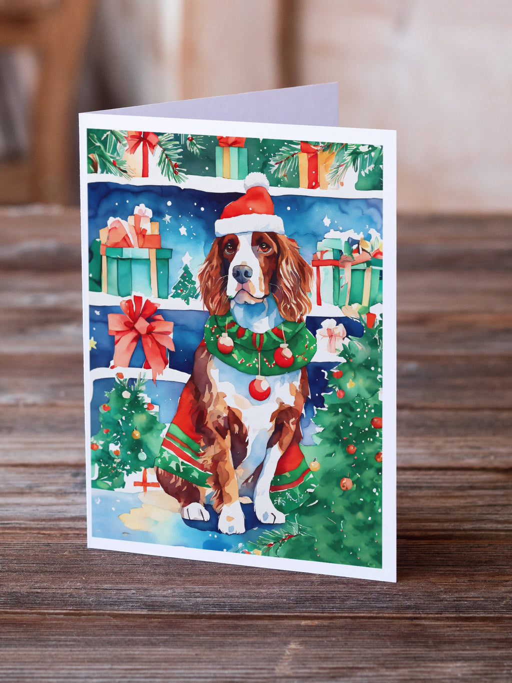 Welsh Springer Spaniel Christmas Greeting Cards Pack of 8 Blank Cards with Envelopes Whimsical A7 Size 5x7
