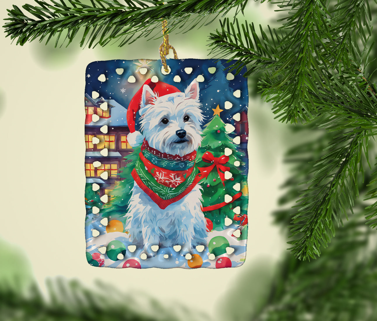 Westie Christmas Porcelain Ornament Christmas Tree Hanging Decorations for Home Christmas Holiday, Rectangle, Gift, Multicolor