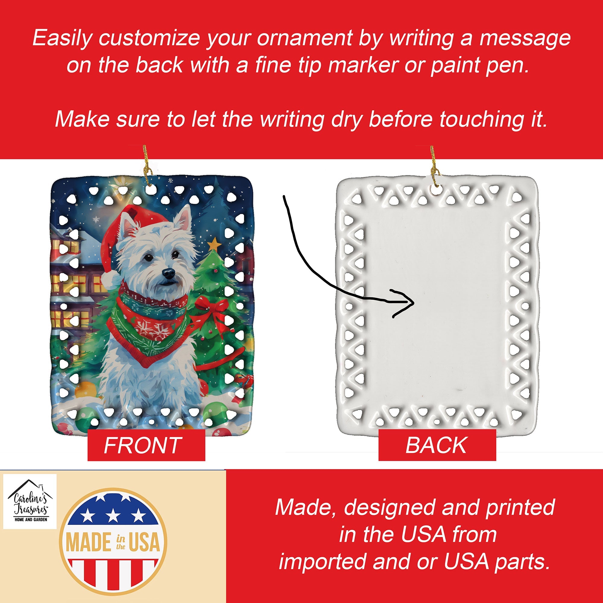 Westie Christmas Porcelain Ornament Christmas Tree Hanging Decorations for Home Christmas Holiday, Rectangle, Gift, Multicolor