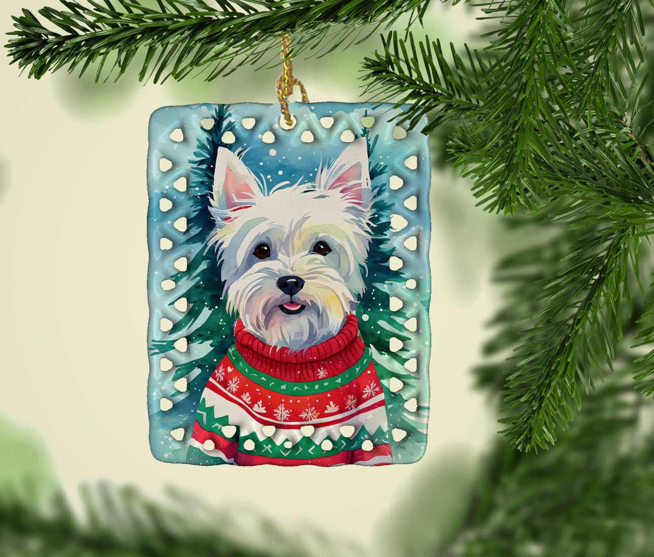 Westie Christmas Porcelain Ornament Christmas Tree Hanging Decorations for Home Christmas Holiday, Rectangle, Gift, Multicolor