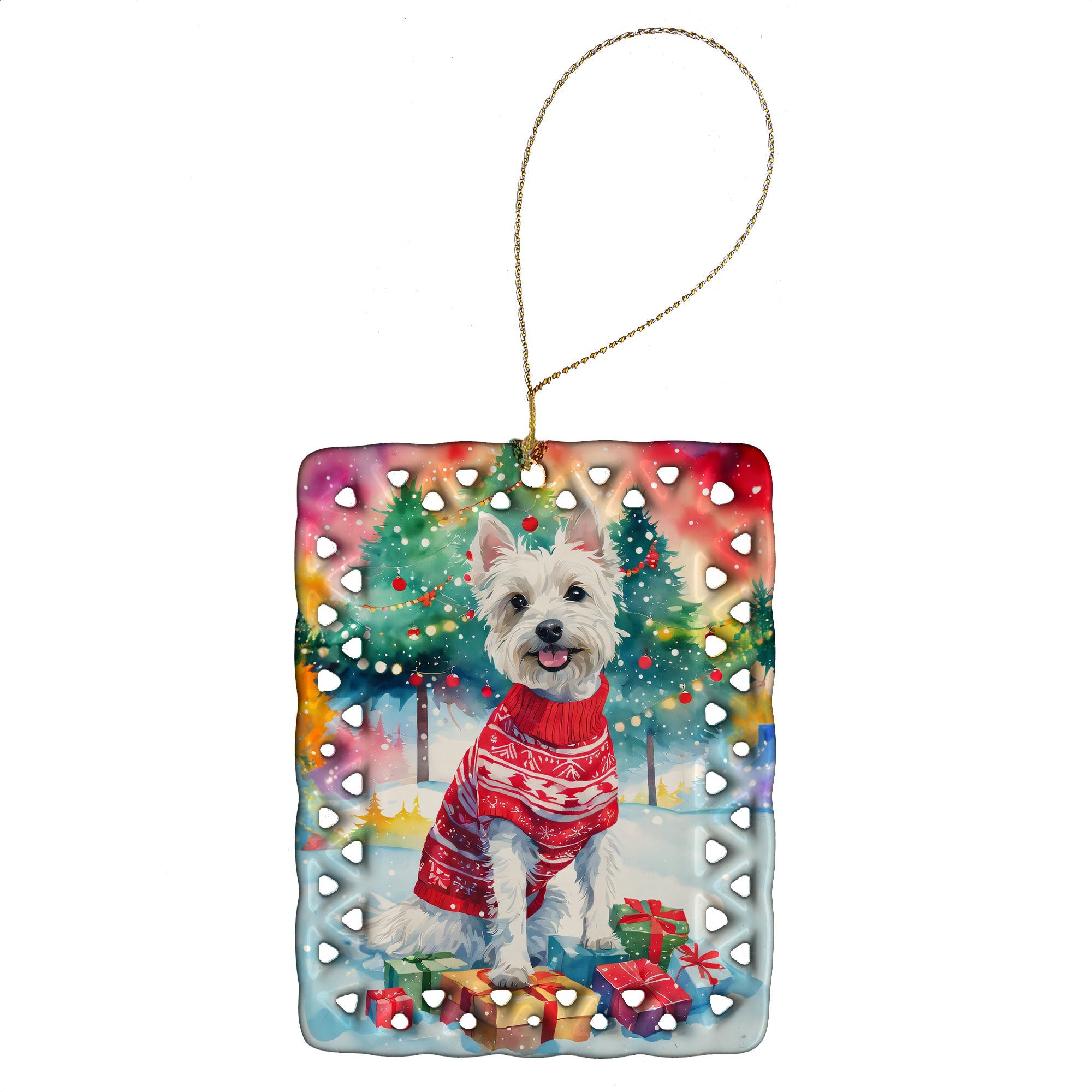 Westie Christmas Porcelain Ornament Christmas Tree Hanging Decorations for Home Christmas Holiday, Rectangle, Gift, Multicolor