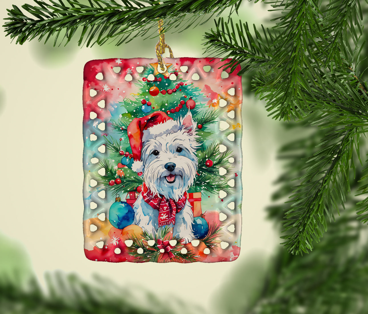 Westie Christmas Porcelain Ornament Christmas Tree Hanging Decorations for Home Christmas Holiday, Rectangle, Gift, Multicolor