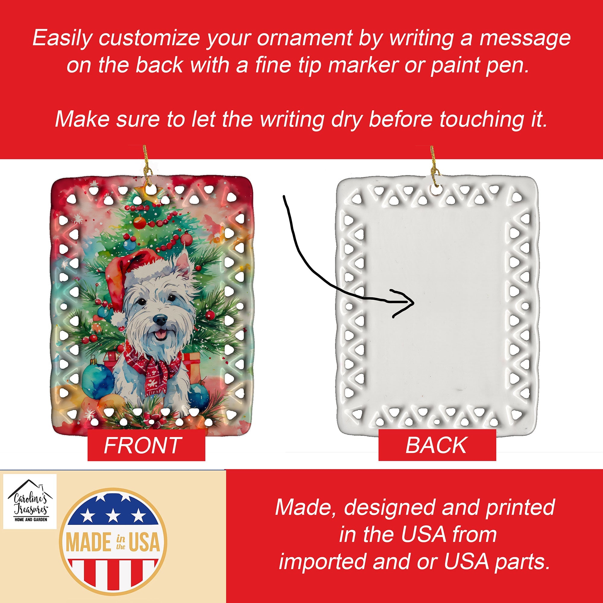 Westie Christmas Porcelain Ornament Christmas Tree Hanging Decorations for Home Christmas Holiday, Rectangle, Gift, Multicolor