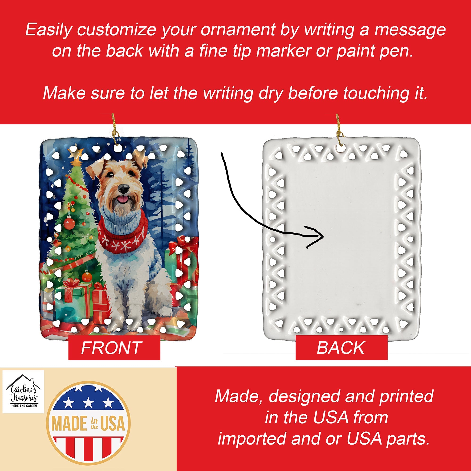 Wire Fox Terrier Christmas Porcelain Ornament Christmas Tree Hanging Decorations for Home Christmas Holiday, Rectangle, Gift, Multicolor