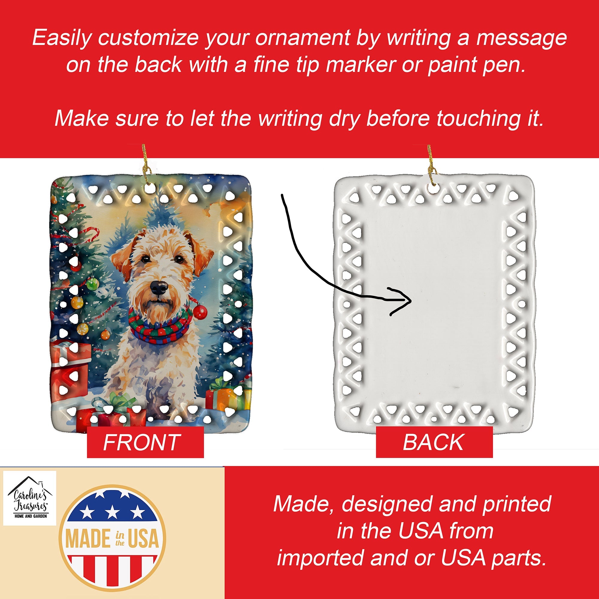 Wire Fox Terrier Christmas Porcelain Ornament Christmas Tree Hanging Decorations for Home Christmas Holiday, Rectangle, Gift, Multicolor