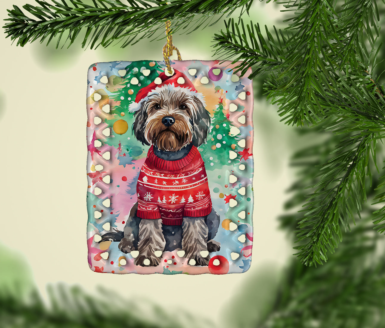 Wirehaired Pointing Griffon Christmas Porcelain Ornament Christmas Tree Hanging Decorations for Home Christmas Holiday, Rectangle, Gift, Multicolor