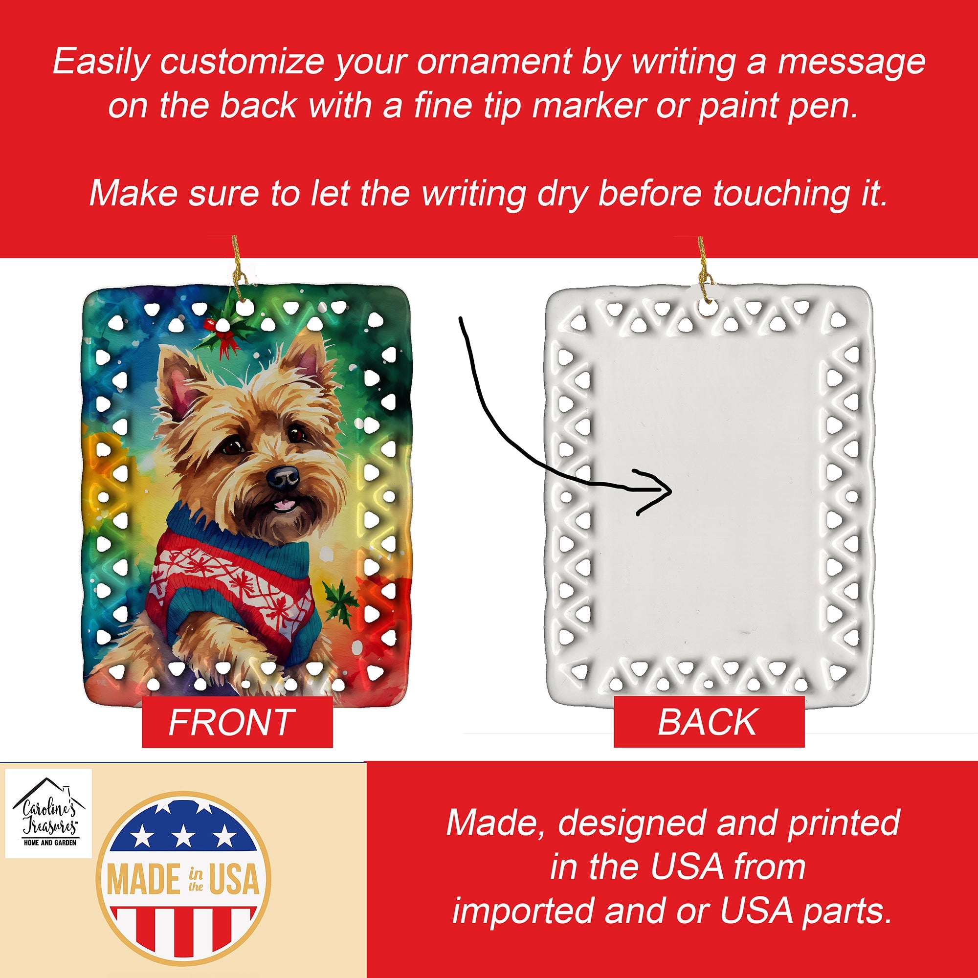 Yorkshire Terrier Yorkie Christmas Porcelain Ornament Christmas Tree Hanging Decorations for Home Christmas Holiday, Rectangle, Gift, Multicolor