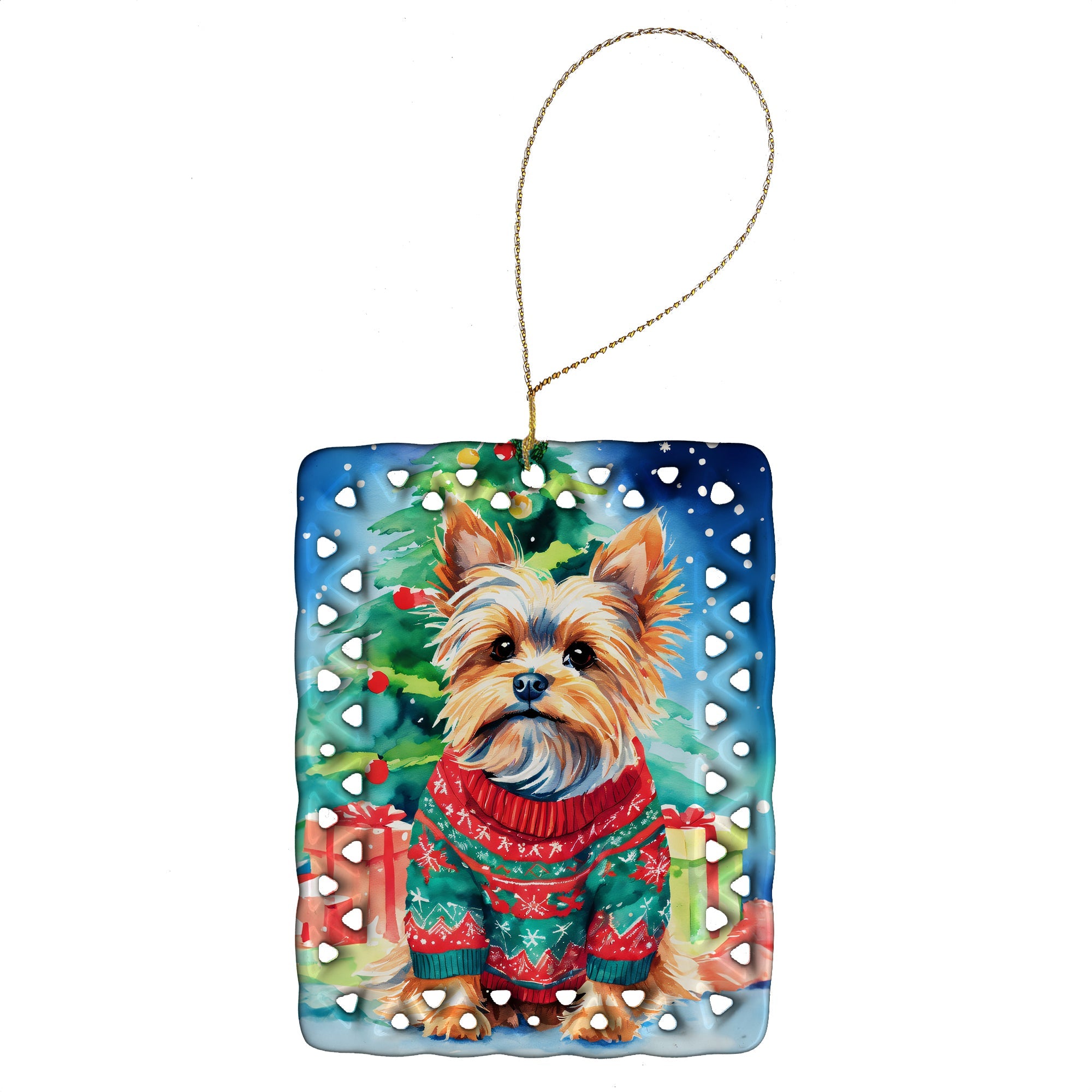 Yorkshire Terrier Yorkie Christmas Porcelain Ornament Christmas Tree Hanging Decorations for Home Christmas Holiday, Rectangle, Gift, Multicolor