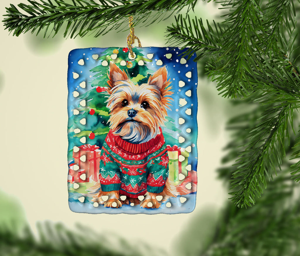 Yorkshire Terrier Yorkie Christmas Porcelain Ornament Christmas Tree Hanging Decorations for Home Christmas Holiday, Rectangle, Gift, Multicolor