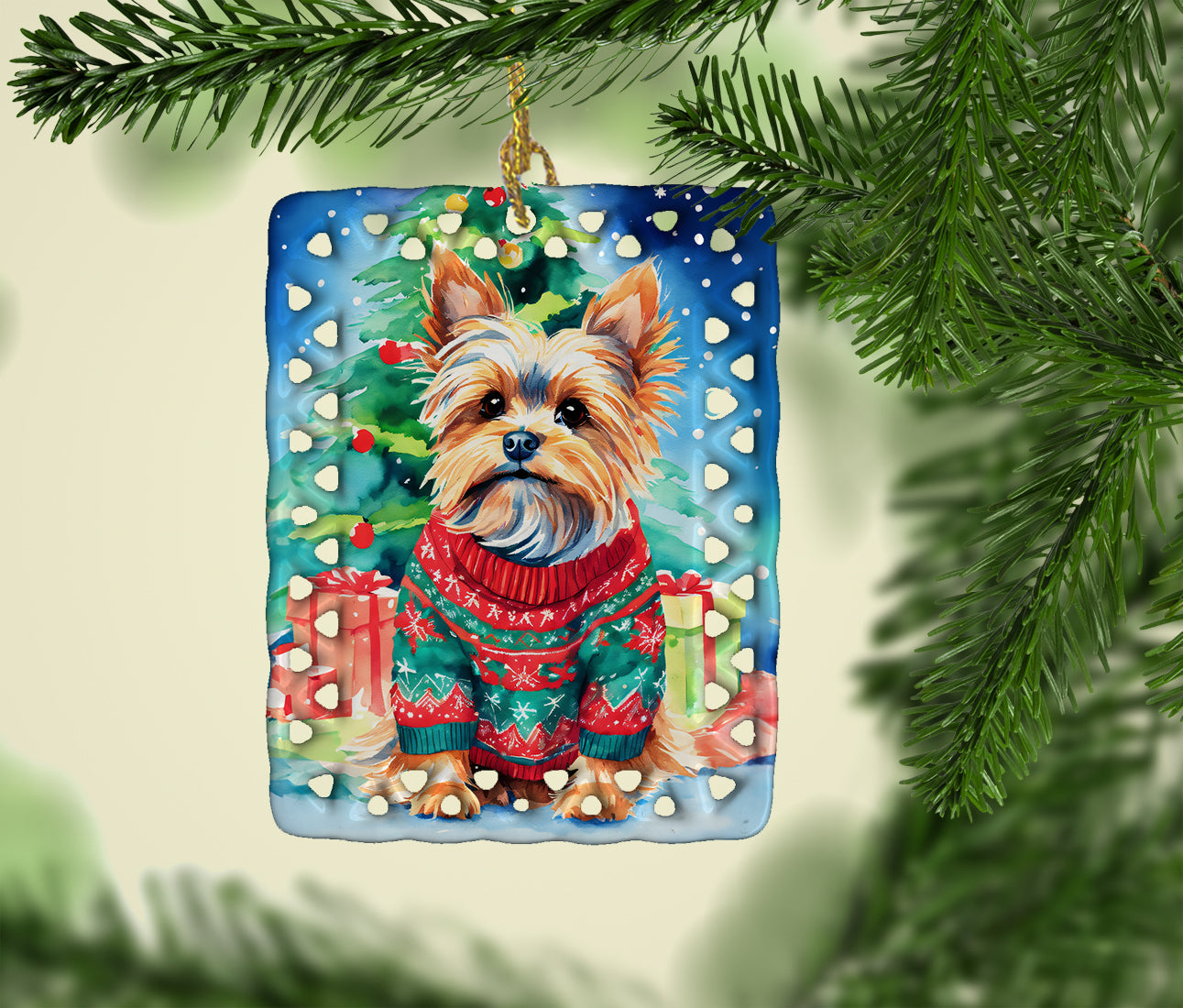Yorkshire Terrier Yorkie Christmas Porcelain Ornament Christmas Tree Hanging Decorations for Home Christmas Holiday, Rectangle, Gift, Multicolor