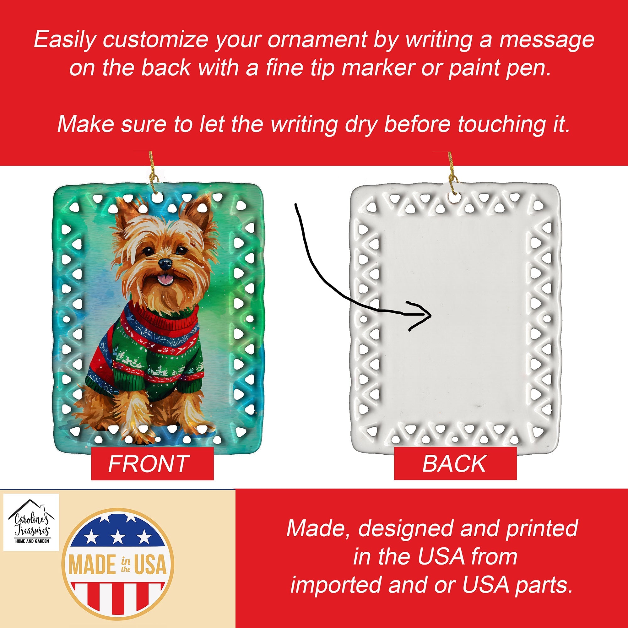 Yorkshire Terrier Yorkie Christmas Porcelain Ornament Christmas Tree Hanging Decorations for Home Christmas Holiday, Rectangle, Gift, Multicolor