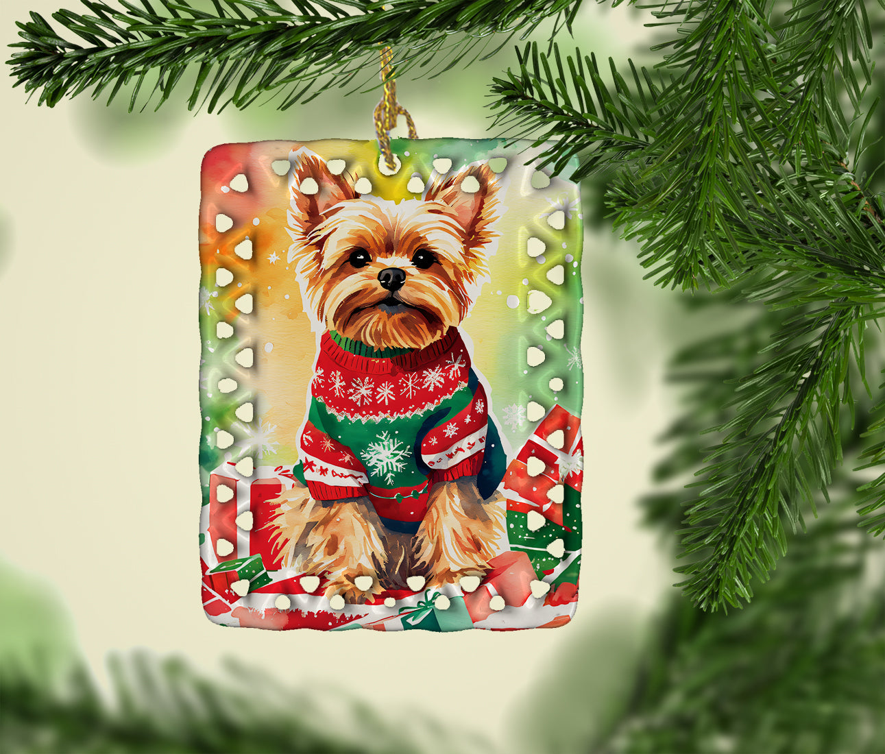 Yorkshire Terrier Yorkie Christmas Porcelain Ornament Christmas Tree Hanging Decorations for Home Christmas Holiday, Rectangle, Gift, Multicolor