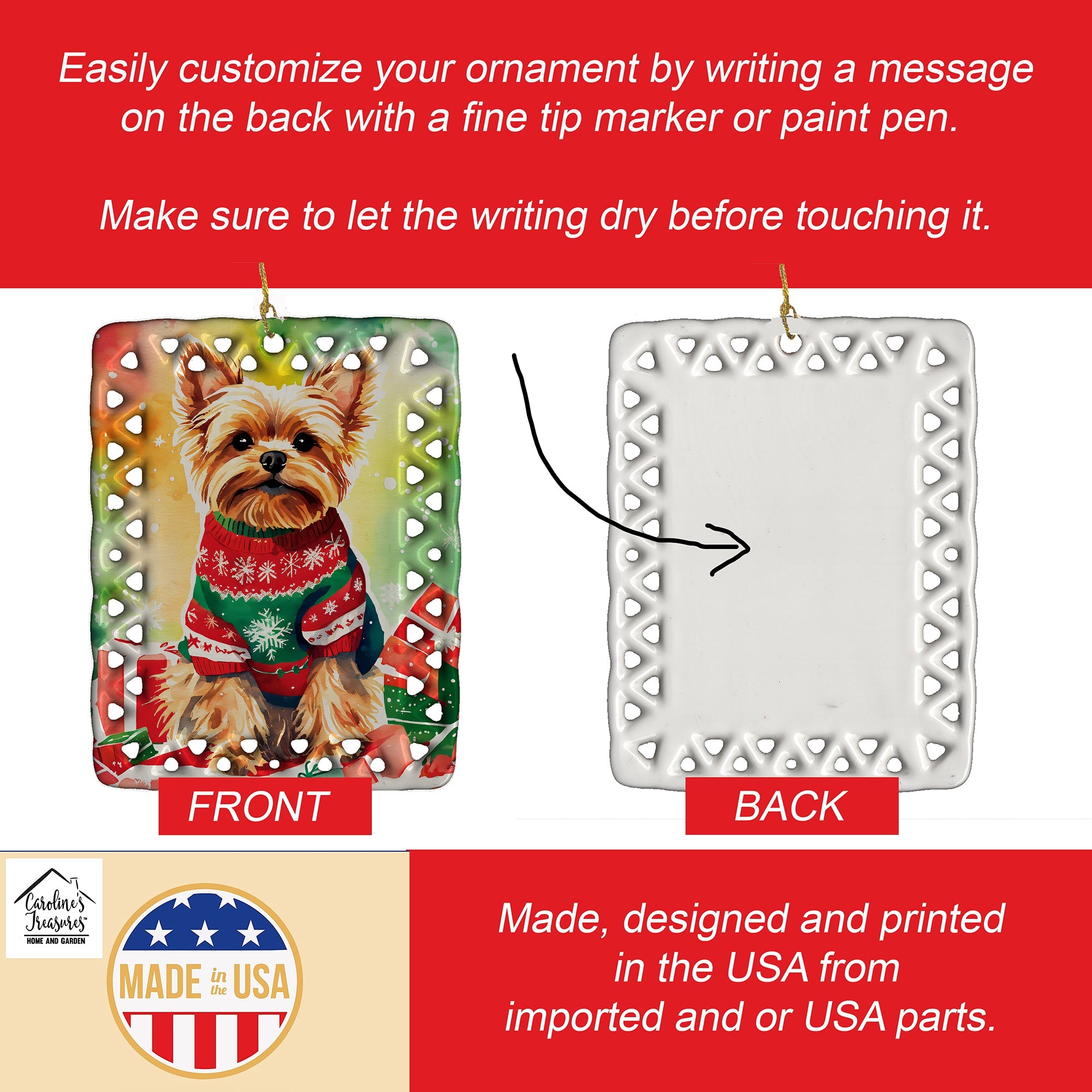 Yorkshire Terrier Yorkie Christmas Porcelain Ornament Christmas Tree Hanging Decorations for Home Christmas Holiday, Rectangle, Gift, Multicolor
