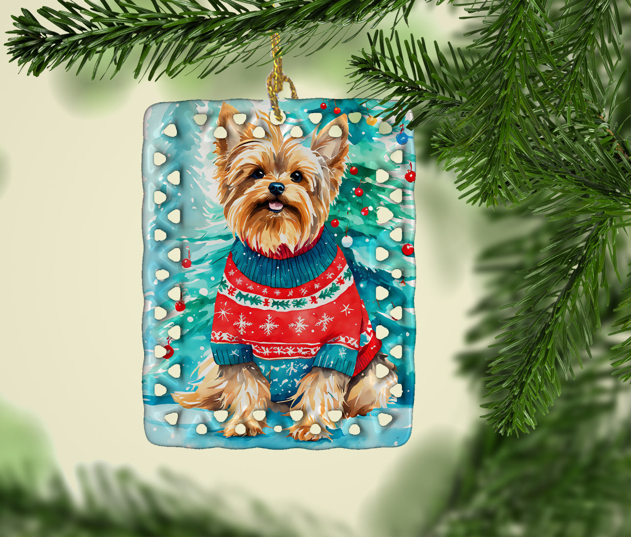 Yorkshire Terrier Yorkie Christmas Porcelain Ornament Christmas Tree Hanging Decorations for Home Christmas Holiday, Rectangle, Gift, Multicolor