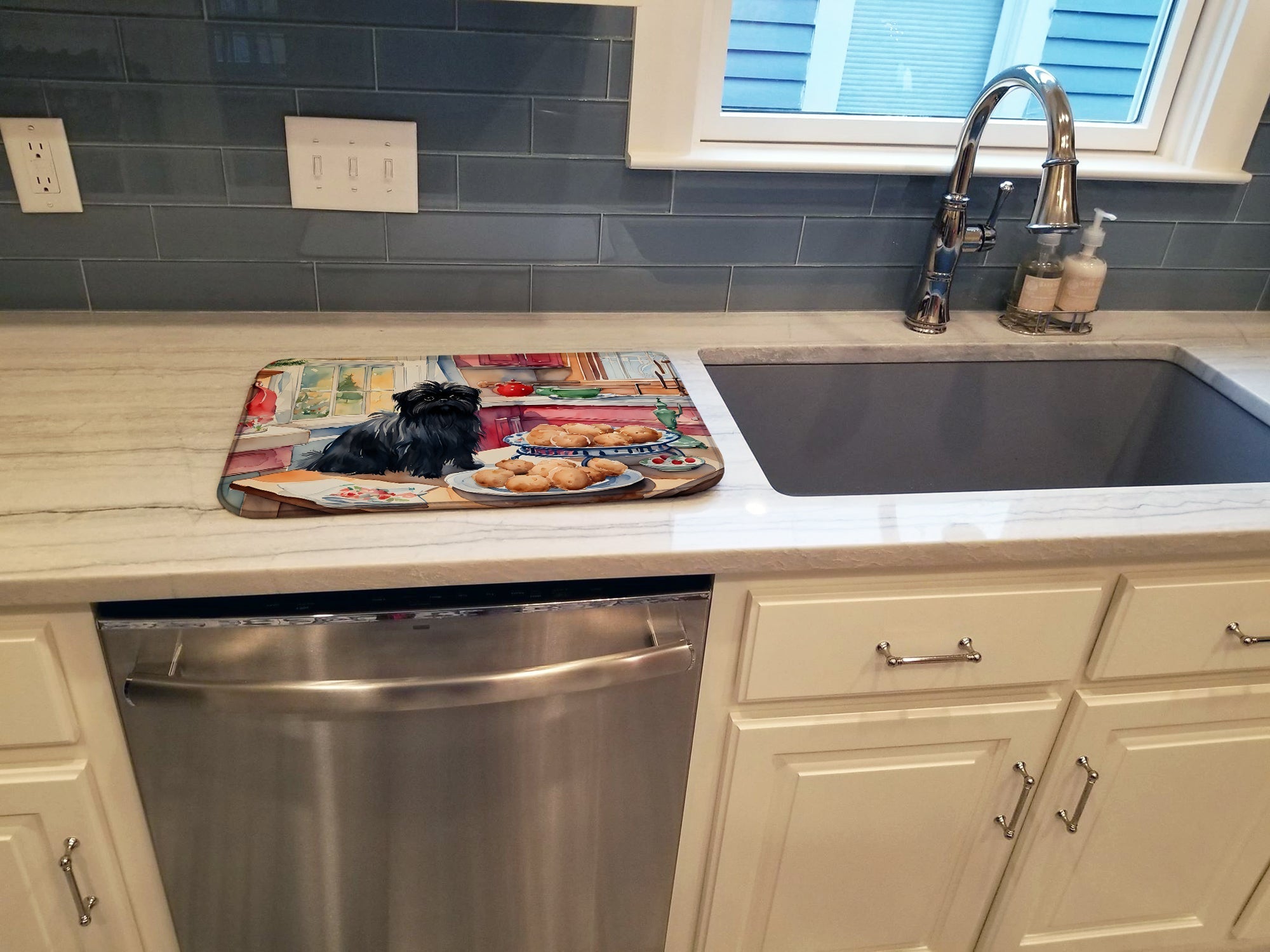 Affenpinscher Christmas Cookies Dish Drying Mat Absorbent Dish Drying Mat Pad for Kitchen Counter Dish Drainer Mat for Countertop, 14 x 21", Multicolor