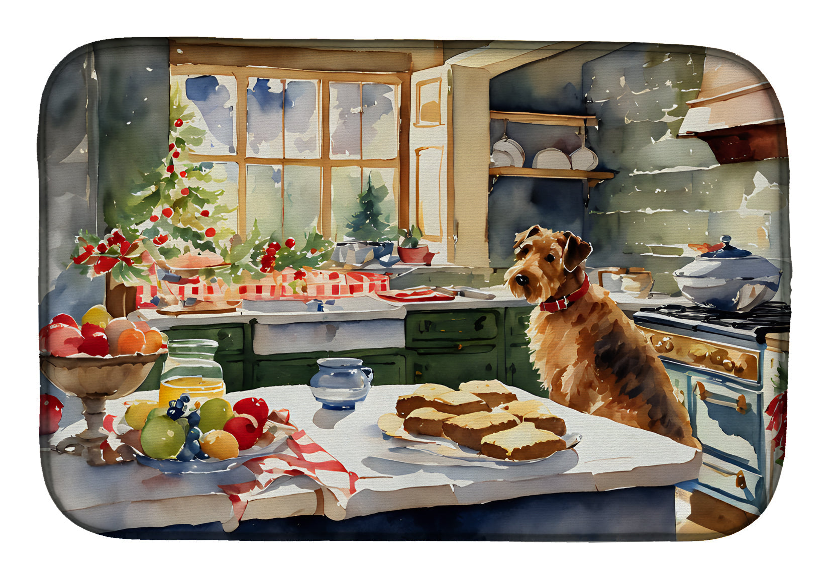 Airedale Terrier Christmas Cookies Dish Drying Mat Absorbent Dish Drying Mat Pad for Kitchen Counter Dish Drainer Mat for Countertop, 14 x 21", Multicolor