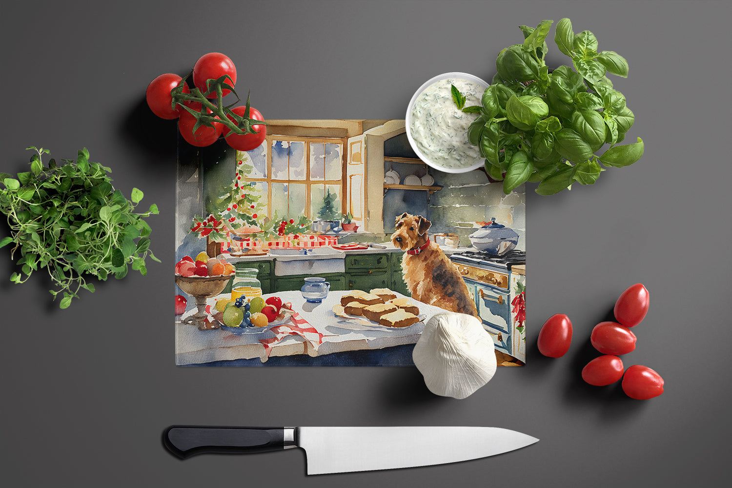 Airedale Terrier Christmas Cookies Cutting Board Tempered Glass Kitchen Cutting Surface, Heat Resistant Chopping, Non-Slip Feet, Food Prep & Serving