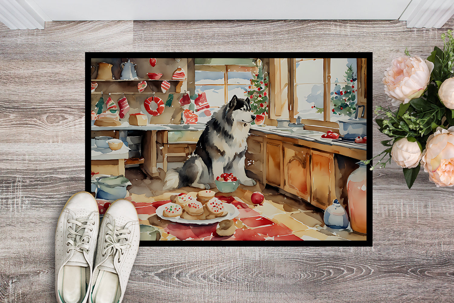 Alaskan Malamute Christmas Cookies Doormat Indoor Outdoor 24H X 36W Front Door Mat Rugs for Entryway, Non Slip Washable Low Pile,