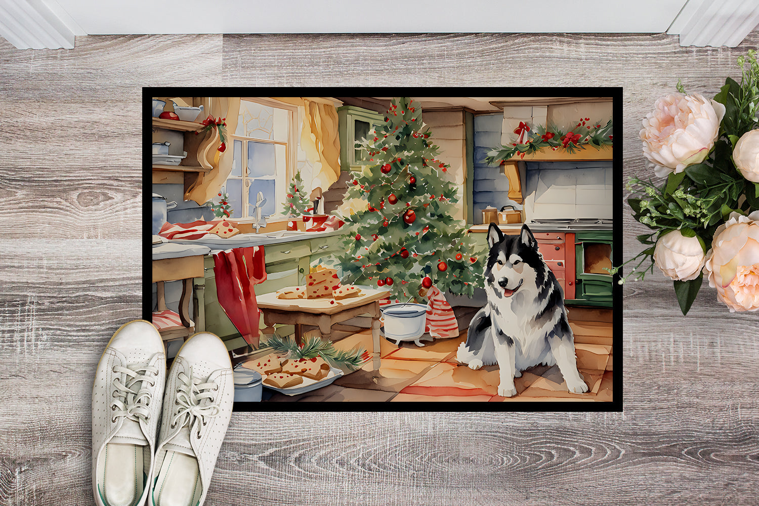 Alaskan Malamute Christmas Cookies Doormat Indoor Outdoor 24H X 36W Front Door Mat Rugs for Entryway, Non Slip Washable Low Pile,
