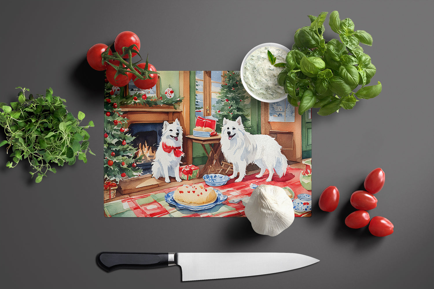 American Eskimo Christmas Cookies Cutting Board Tempered Glass Kitchen Cutting Surface, Heat Resistant Chopping, Non-Slip Feet, Food Prep & Serving