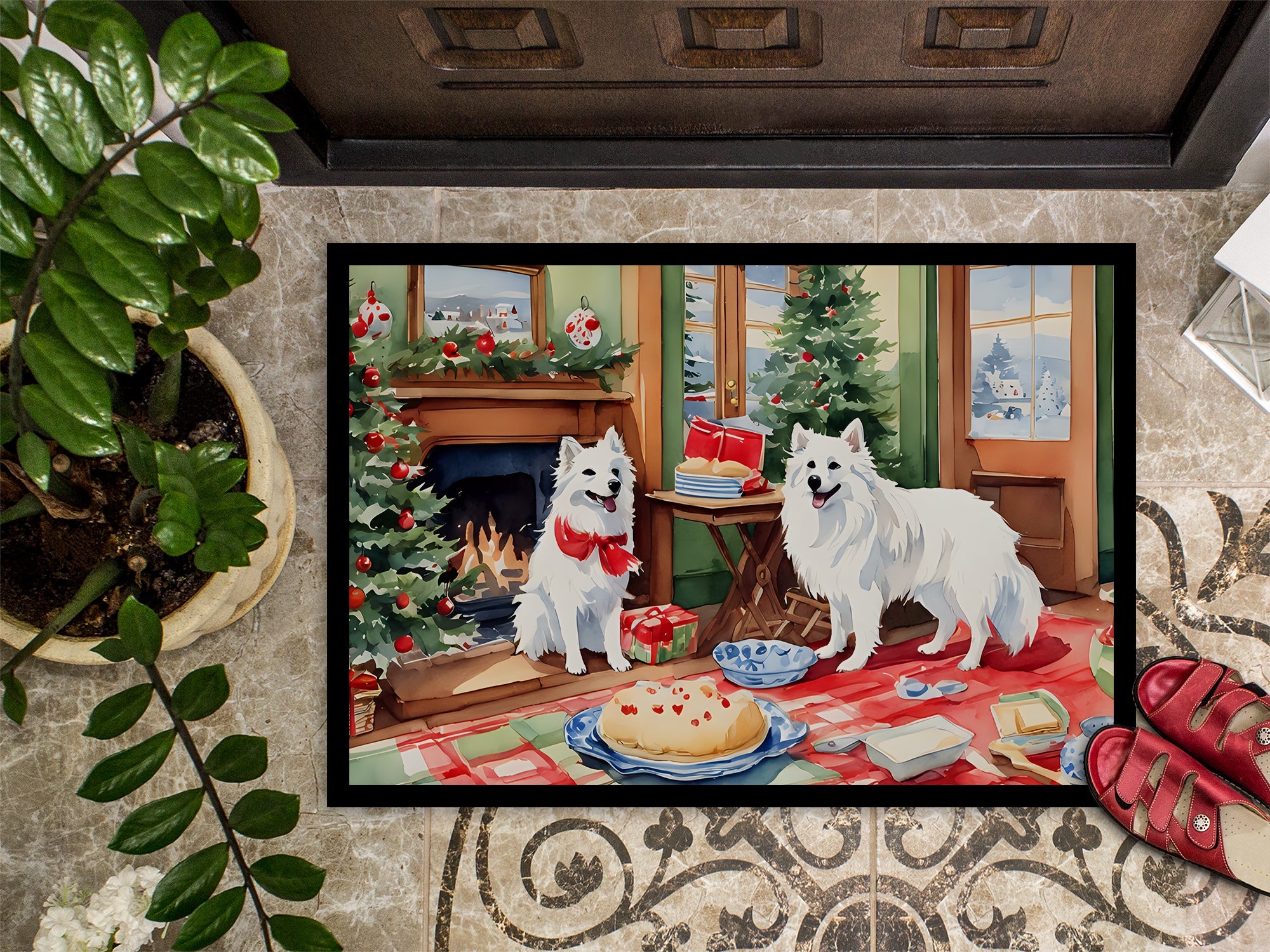 American Eskimo Christmas Cookies Doormat Indoor Outdoor 18H X 27W Front Door Mat Rugs for Entryway, Non Slip Washable