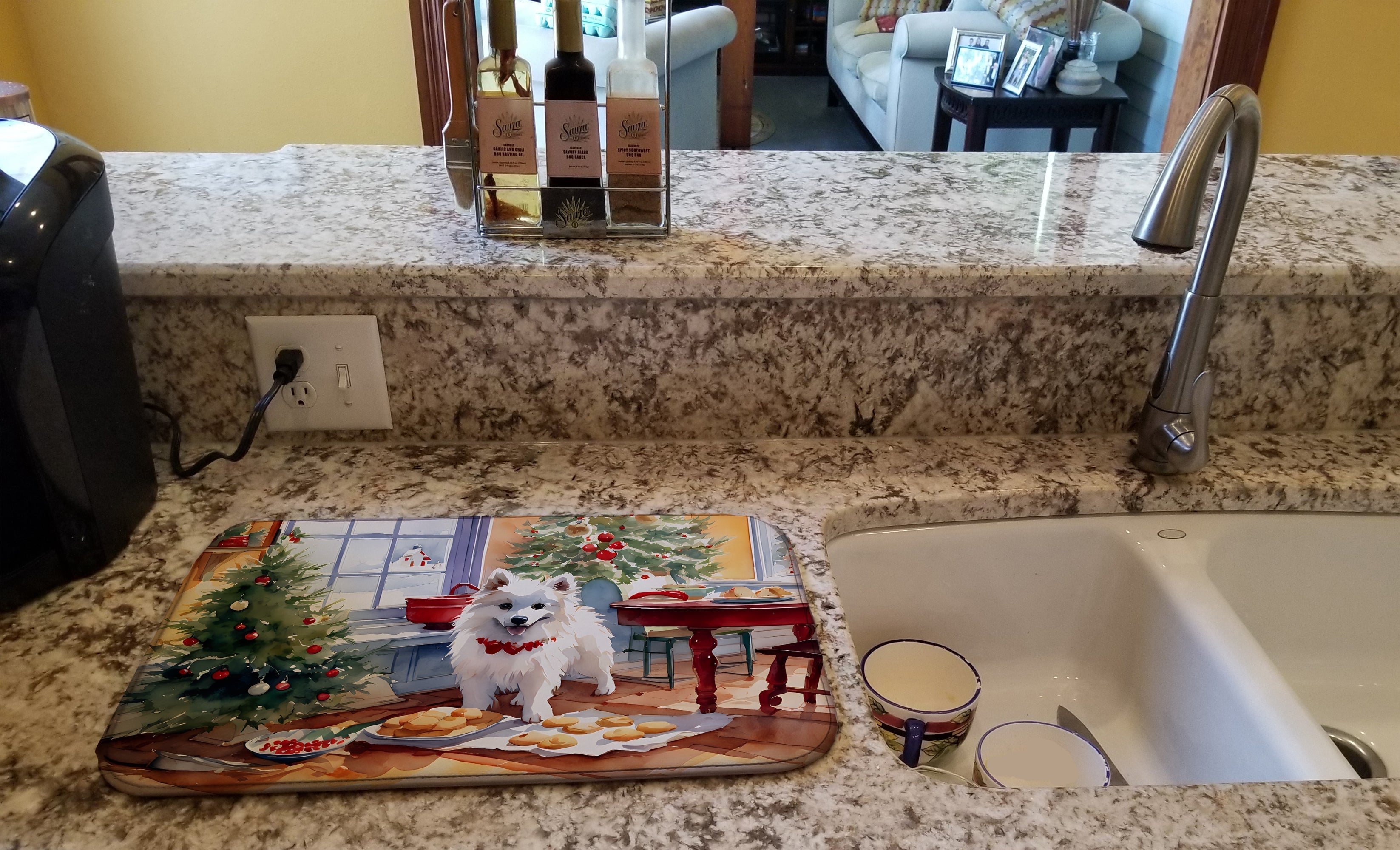 American Eskimo Christmas Cookies Dish Drying Mat Absorbent Dish Drying Mat Pad for Kitchen Counter Dish Drainer Mat for Countertop, 14 x 21", Multicolor