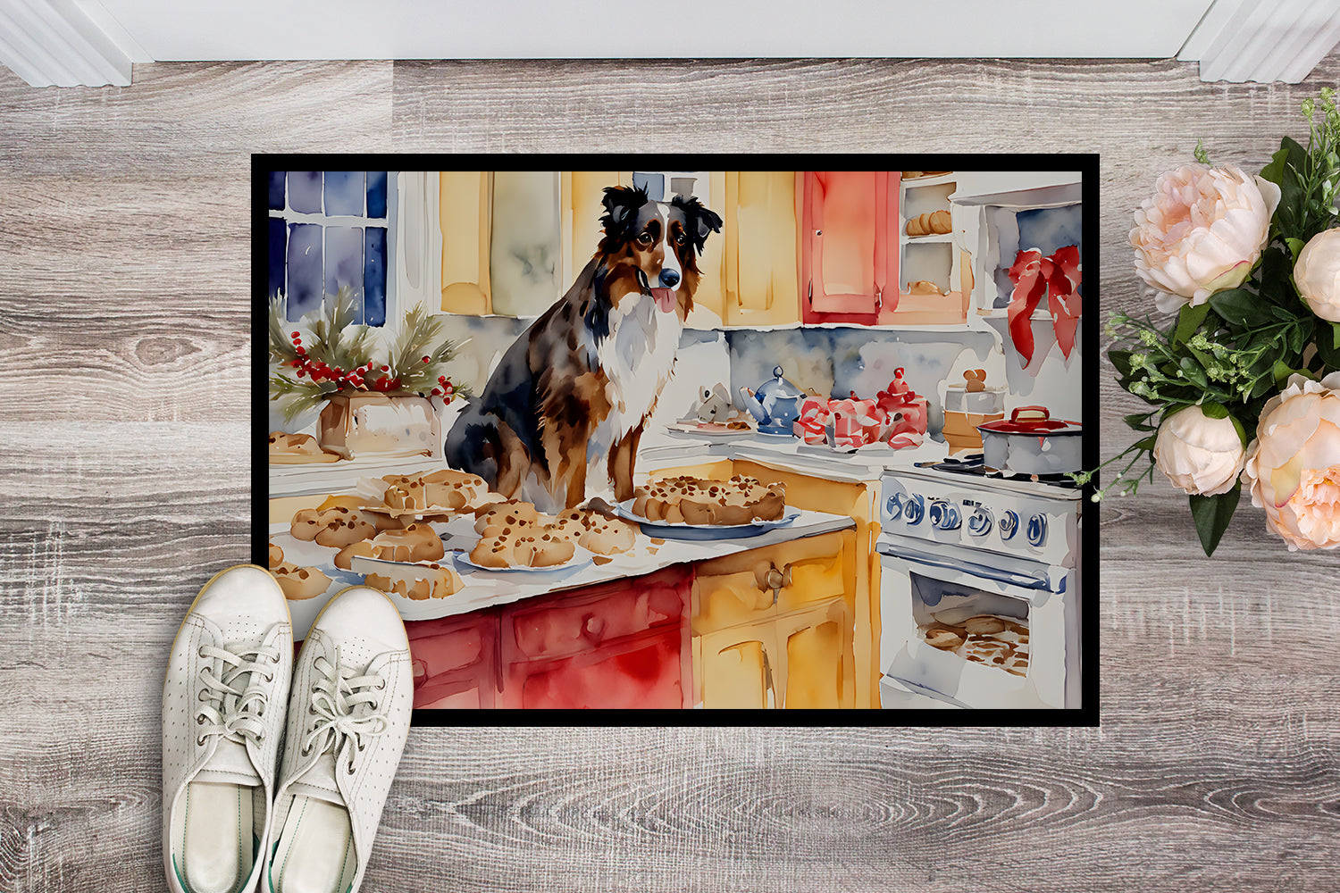Australian Shepherd Christmas Cookies Doormat Indoor Outdoor 18H X 27W Front Door Mat Rugs for Entryway, Non Slip Washable