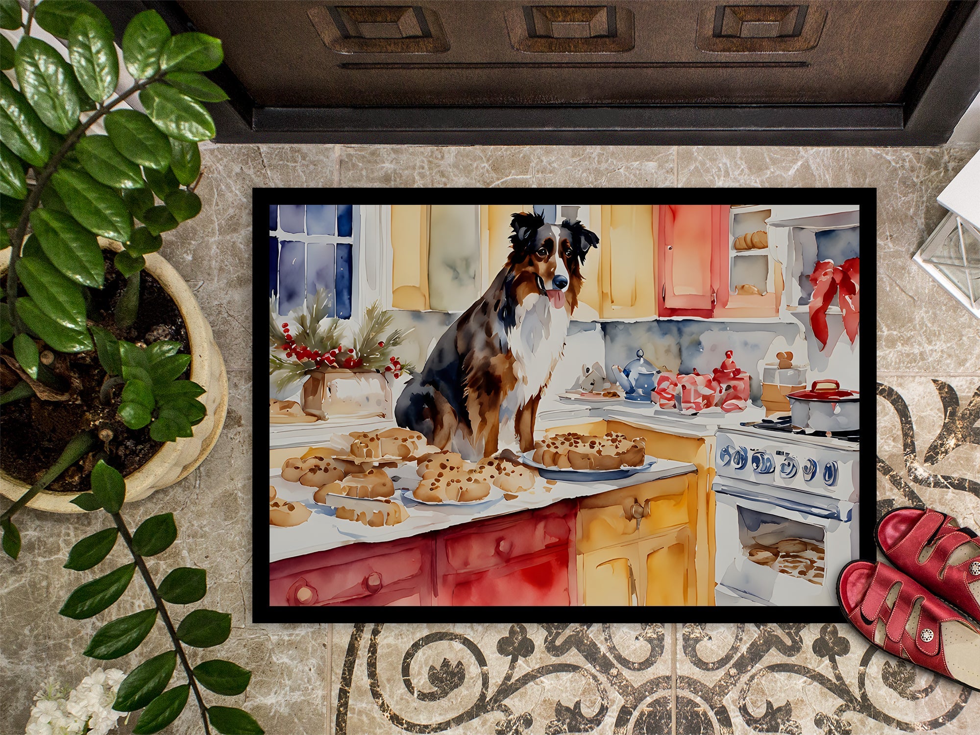 Australian Shepherd Christmas Cookies Doormat Indoor Outdoor 18H X 27W Front Door Mat Rugs for Entryway, Non Slip Washable