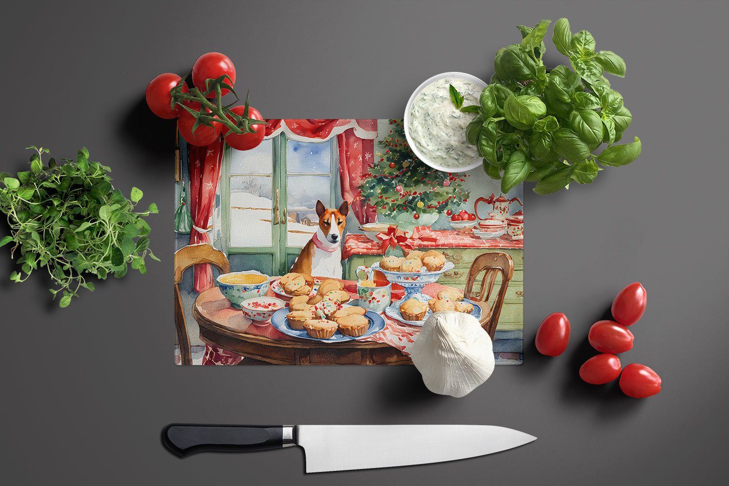 Basenji Christmas Cookies Cutting Board Tempered Glass Kitchen Cutting Surface, Heat Resistant Chopping, Non-Slip Feet, Food Prep & Serving
