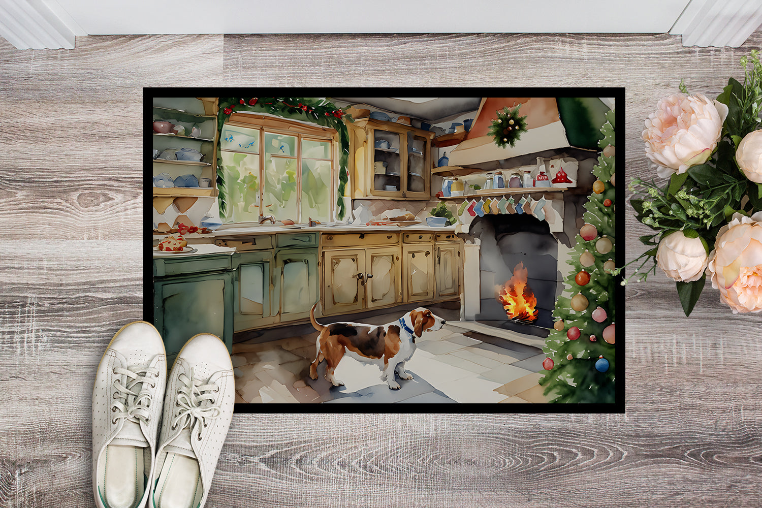 Basset Hound Christmas Cookies Doormat Indoor Outdoor 18H X 27W Front Door Mat Rugs for Entryway, Non Slip Washable