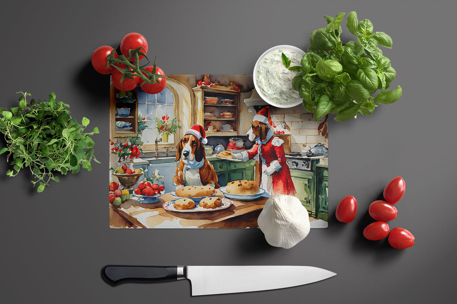 Basset Hound Christmas Cookies Cutting Board Tempered Glass Kitchen Cutting Surface, Heat Resistant Chopping, Non-Slip Feet, Food Prep & Serving