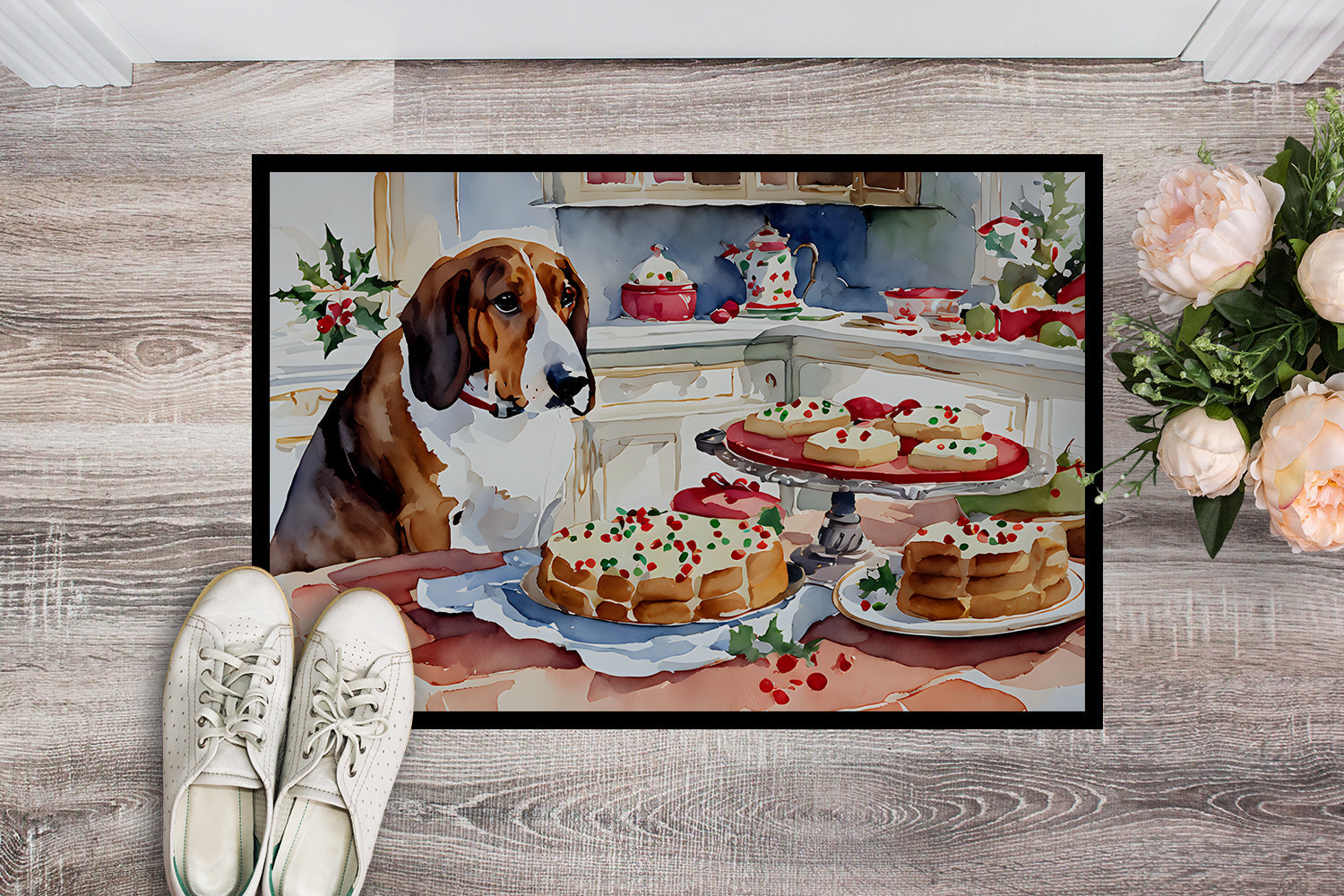 Basset Hound Christmas Cookies Doormat Indoor Outdoor 18H X 27W Front Door Mat Rugs for Entryway, Non Slip Washable