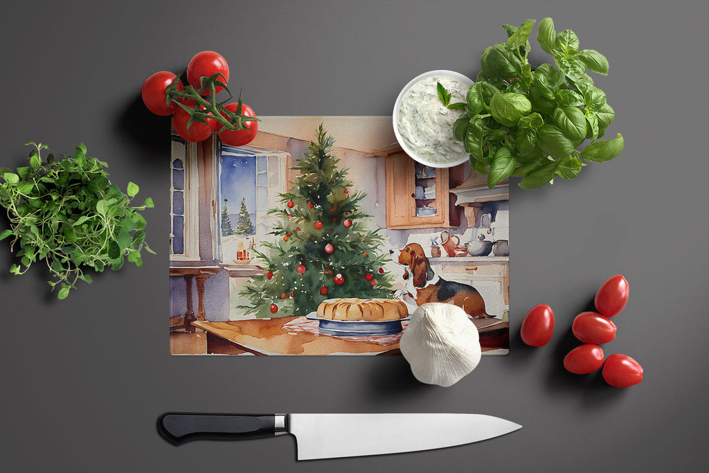Basset Hound Christmas Cookies Cutting Board Tempered Glass Kitchen Cutting Surface, Heat Resistant Chopping, Non-Slip Feet, Food Prep & Serving