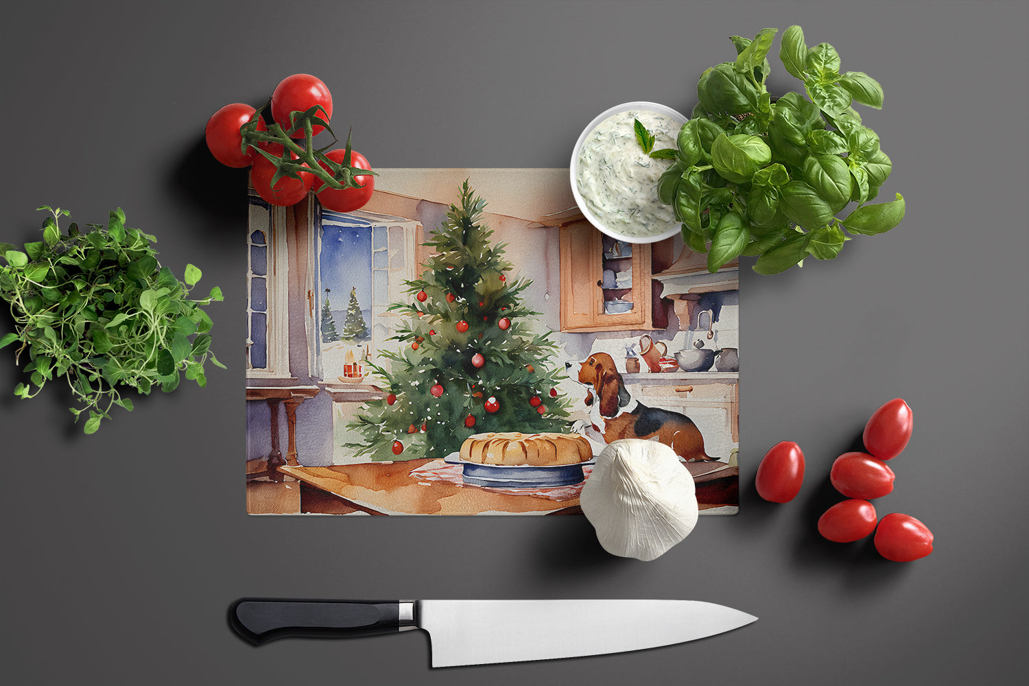 Basset Hound Christmas Cookies Cutting Board Tempered Glass Kitchen Cutting Surface, Heat Resistant Chopping, Non-Slip Feet, Food Prep & Serving