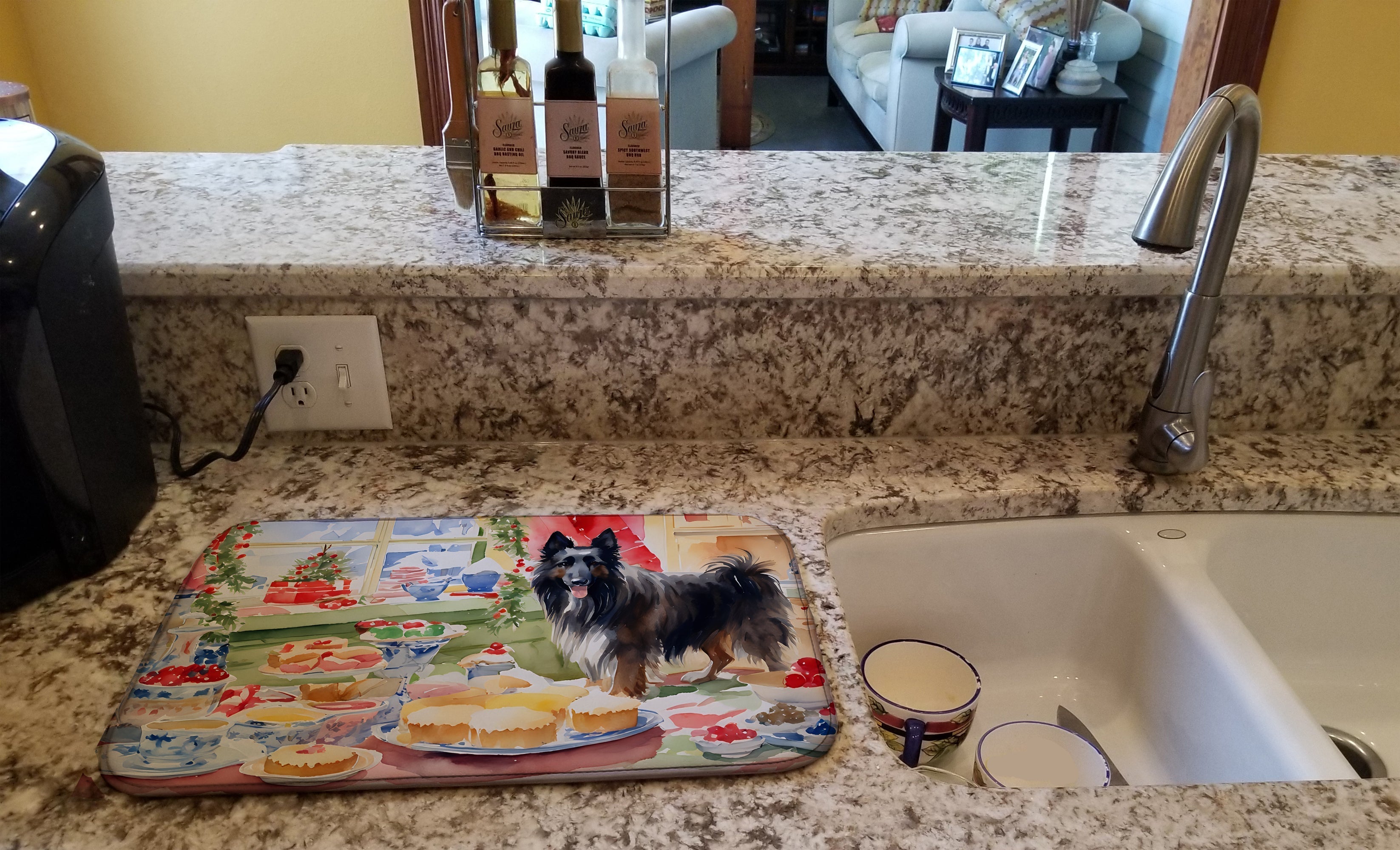 Belgian Sheepdog Christmas Cookies Dish Drying Mat Absorbent Dish Drying Mat Pad for Kitchen Counter Dish Drainer Mat for Countertop, 14 x 21", Multicolor