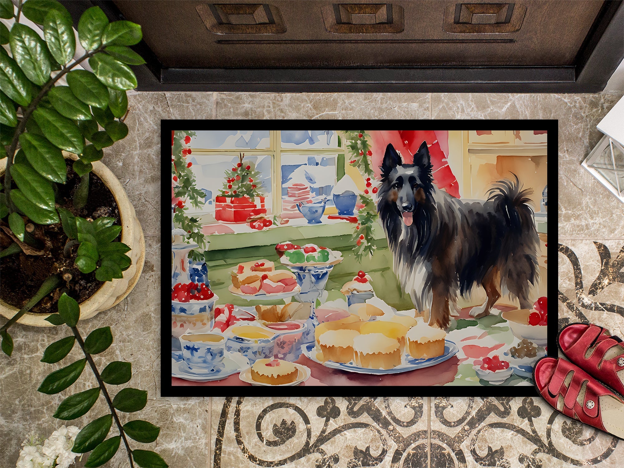 Belgian Sheepdog Christmas Cookies Doormat Indoor Outdoor 18H X 27W Front Door Mat Rugs for Entryway, Non Slip Washable