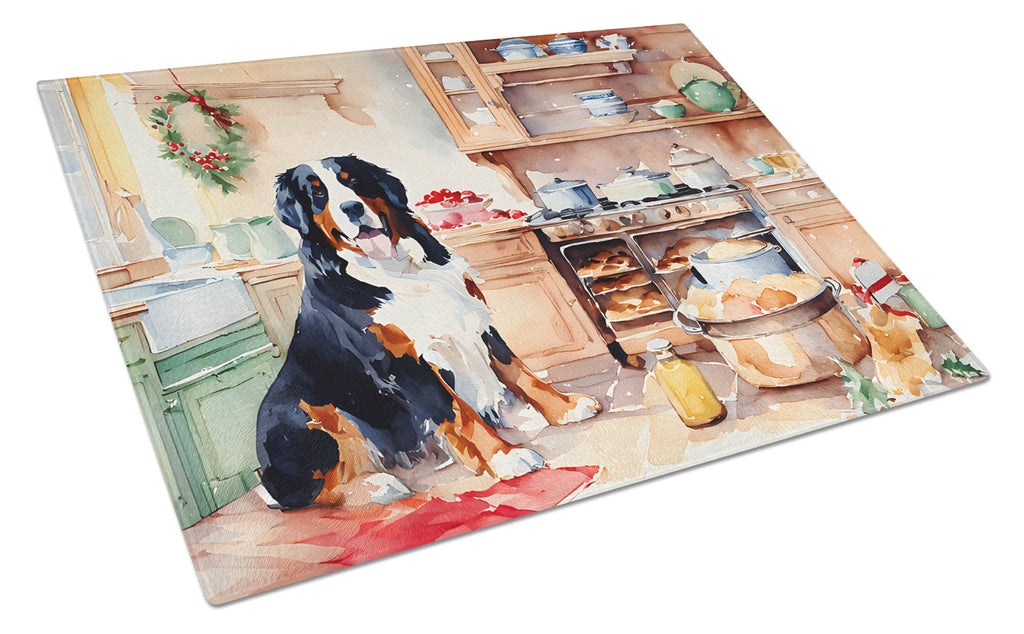 Bernese Mountain Dog Christmas Cookies Cutting Board Tempered Glass Kitchen Cutting Surface, Heat Resistant Chopping, Non-Slip Feet, Food Prep & Serving